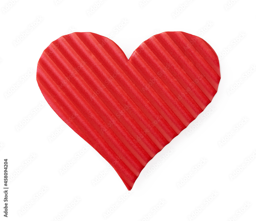Single red valentine heart textured oblique isolated on white background. Symbol of love, passion, tenderness. Valentine day design element for holiday, greeting card and banner. High quality macro.