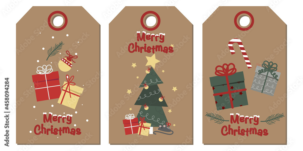 Vector set of new year labels. Merry Christmas set of greeting cards with presents, gift box, fir, christmas tree 