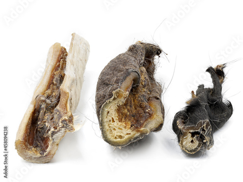 natural dried dog snacks from grazing cattle from the scalp with fur, organic beef products for dogs isolated on white background