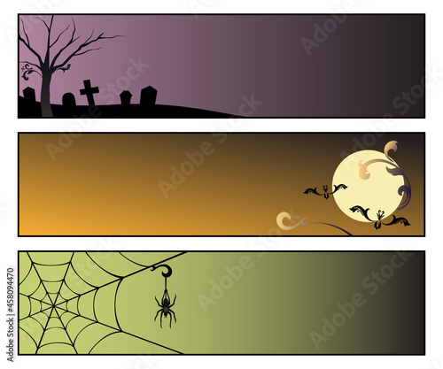A set of three Halloween themed banners with copyspace, cemetery, full moon, and spider web
