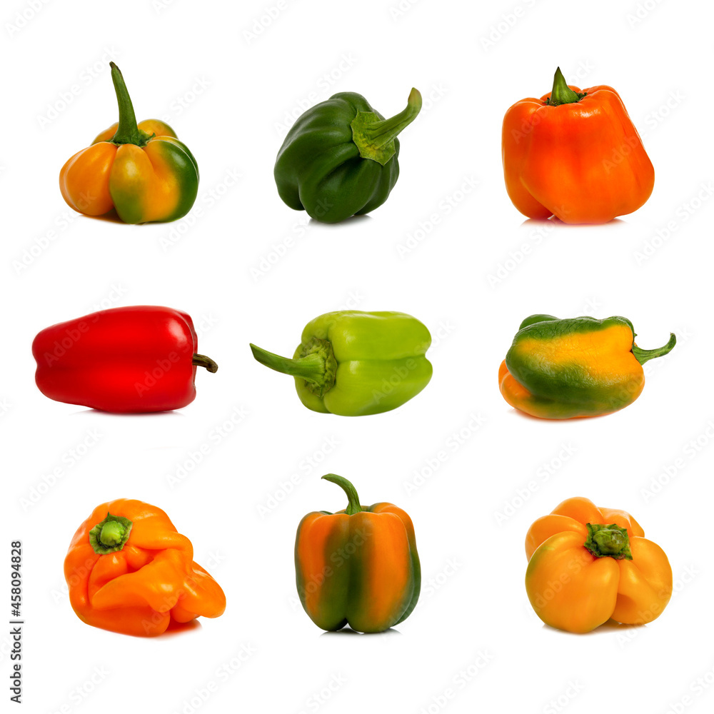 Sweet bell peppers in different colors and shapes. Vitamins and health from nature. Collage, Seth. Isolated on white background. Square format. Sweet bell peppers in different colors and shapes. Vitamins and health from nature. Collage, Seth. Isolated on white background. Square format.