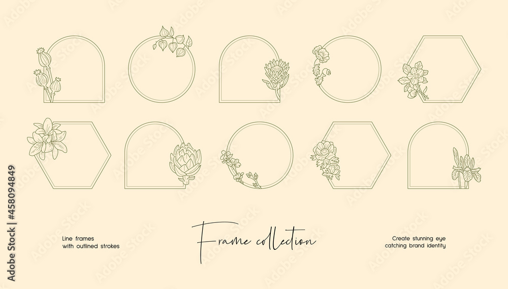 Line art illustration collection of decorative vector frames and wreaths for branding or logo 