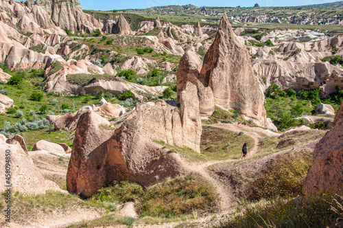 Beautiful Turkish landscape. The valleys of Cappadocia with red tuff mountains and fantastic valleys