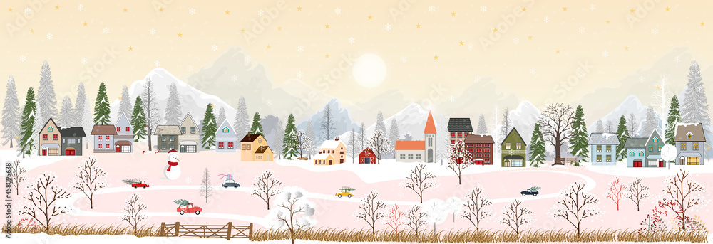 Merry Christmas or Happy New year 2022 greeting card with Winter night wonderland landscape background,Vector horizontal banner winter countryside with snow falling, mountain, forest pine tree