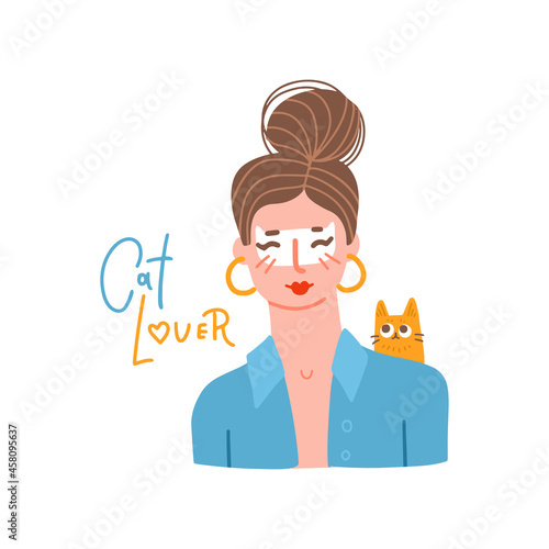 Cute girl in a shirt with messy bun hair and cat face paint. The concept of love for animals and pets. Flat cartoon vector illustration Isolated on white background with lettering quote - Cat lover