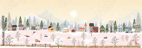 Merry Christmas or Happy New year 2022 greeting card with Winter night wonderland landscape background,Vector horizontal banner winter countryside with snow falling, mountain, forest pine tree