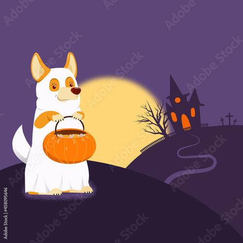 Ghost dog. Illustration for Halloween. A dog in a ghost costume. Corgi in a ghost costume.