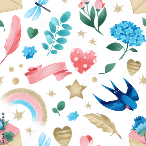 Seamless pattern with spring beautiful elements on a white background. Swallow, flowers, rainbow, dragonfly. Raster watercolor illustration in realistic style, hand drawing. Pastel print for textiles
