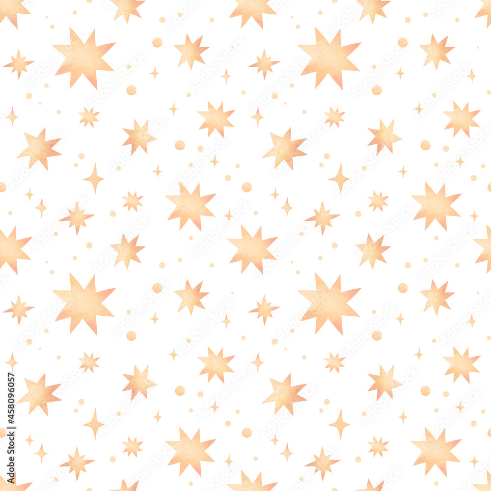 Watercolor seamless pattern - golden stars and polka dots. Starry sky background. Christmas or birthday background. Perfect for greeting cards, fabric, textile, wrapping paper Watercolor seamless pattern - golden stars and polka dots. Starry sky background. Christmas or birthday background. Perfect for greeting cards, fabric, textile, wrapping paper
