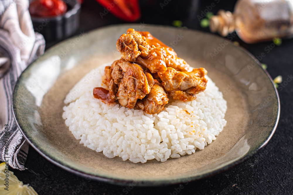curry rice meat chicken spices tomato sauce meal snack on the table copy space food background rustic curry rice meat chicken spices tomato sauce meal snack on the table copy space food background rustic