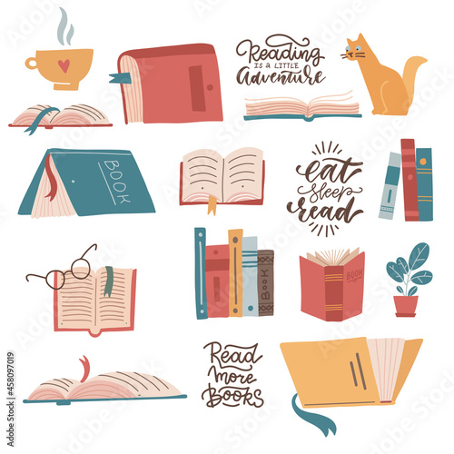 Colorful books icons set. Learn and study collection with lettering quotes. With opened book, closed book, stack. Education and knowledge concept. Flat vector hand drawn illustration.