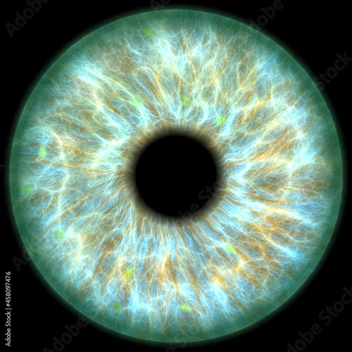 Illustration of a color human iris on black background. Digital artwork creative graphic design.