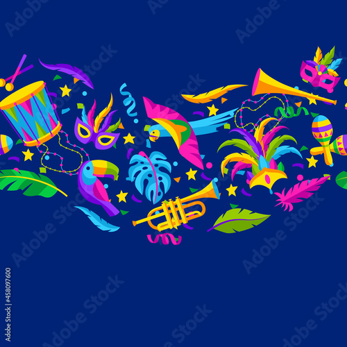 Carnival party seamless pattern with celebration icons, objects and decor. Mardi Gras background for traditional holiday.