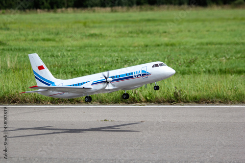 Realistic passenger rc airplane takes off. Rc models competition.