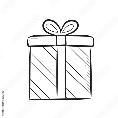 Hand drawn gift box with bow. Black linear icon gift box isolated on white background. Vector illustration.