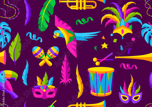 Carnival party seamless pattern with celebration icons, objects and decor. Mardi Gras background for traditional holiday.