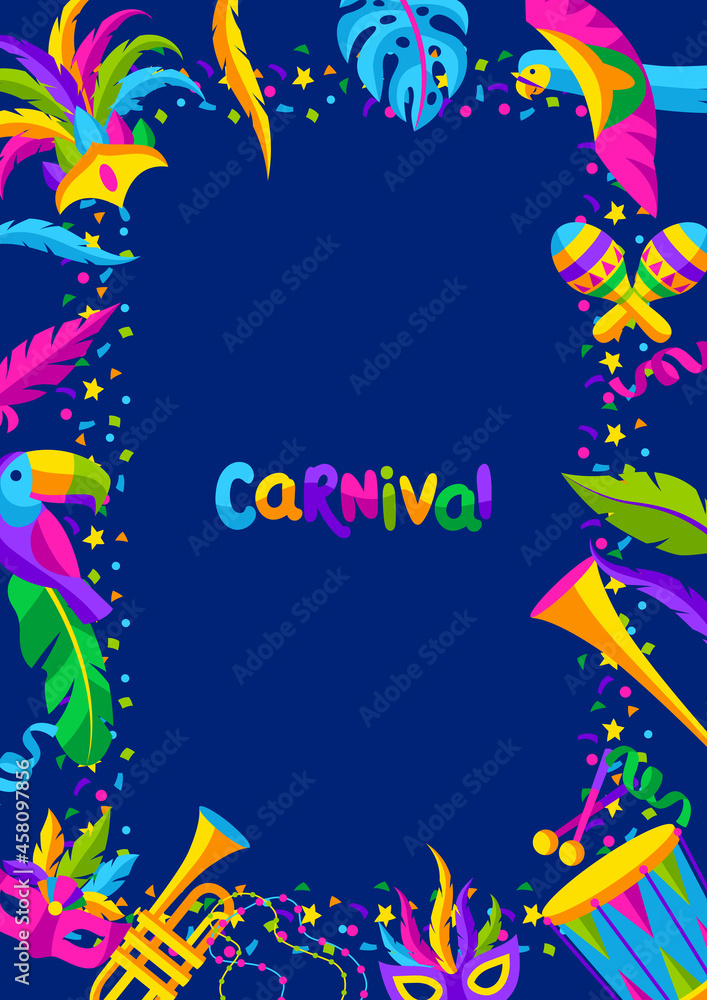 Carnival party frame with celebration icons, objects and decor. Mardi Gras illustration for traditional holiday.