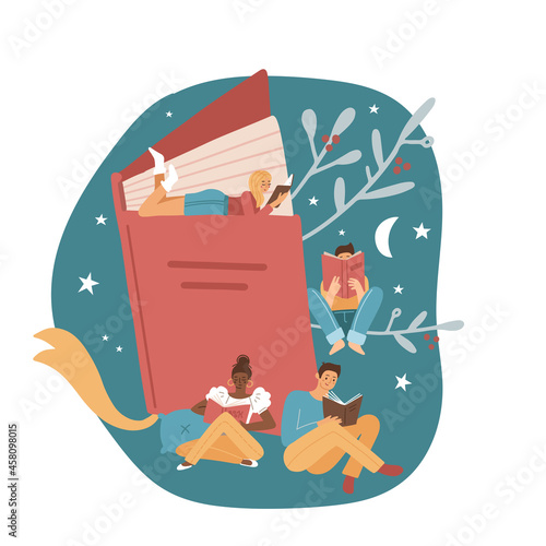 Poster or banner with different small male and female characters. Book festival concept of a tuny people reading a open huge book at night. Flat hand drawn vector illustration. photo