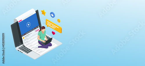 Isometric video conference. Online meeting work form home. Home office. Multiethnic business team.