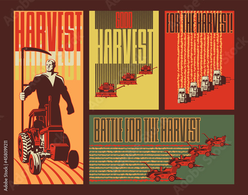 Harvesting Propaganda Poster Set, Peasant, Harvesters, Tractors