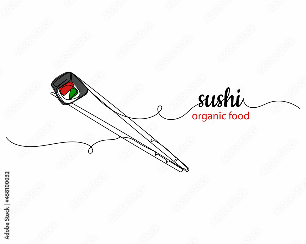 Continuous one line drawing of chopsticks hold sushi organic food in silhouette on a white background. Linear stylized. Continuous one line drawing of chopsticks hold sushi organic food in silhouette on a white background. Linear stylized.