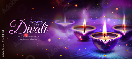 Realistic poster of happy diwali holiday with glowing diya candles on purple background. Traditional hindu festival with floral mandala. Indian religious celebration with burning lamps, rangoli design