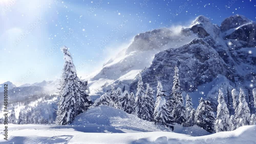 Snow covered mountains with shining sun and spruce trees. Falling snow effect. Winter and Seasonal concept. High quality 4k video. Snow covered mountains with shining sun and spruce trees. Falling snow effect. Winter and Seasonal concept. High quality 4k video.