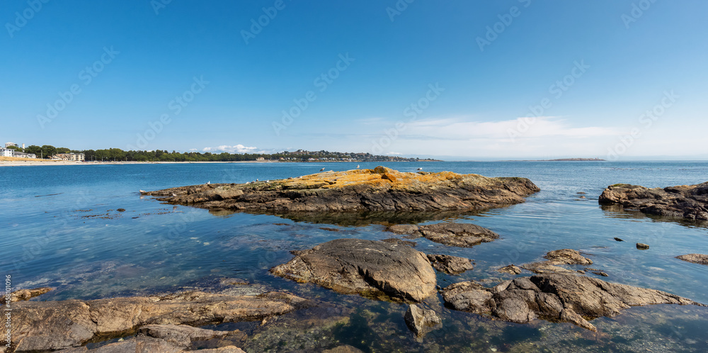 View of Rocky shore with birds at a modern city park, Clover Point, during sunny summer day. Victoria, Vancouver Island, British Columbia, Canada.