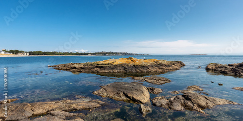 View of Rocky shore with birds at a modern city park, Clover Point, during sunny summer day. Victoria, Vancouver Island, British Columbia, Canada. © edb3_16
