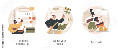 Years tax bill abstract concept vector illustration set. Personal income taxation and tax credit, online IRS form, bank account, budget planning calculator, bill payment abstract metaphor.