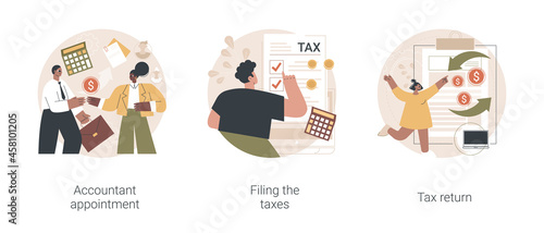 Tax agent service abstract concept vector illustration set. Accountant appointment, filing the taxes, money refund, income statement and financial audit, e-file online software abstract metaphor.