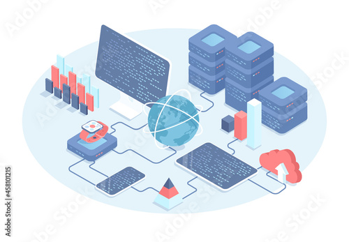 Big data analytics, computing in data center. Monitoring and testing of the digital process. Data transmission technology. Vector illustration in 3d design. Isometric web banner