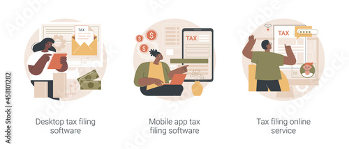 Tax software program abstract concept vector illustration set. Desktop tax filing software, mobile app and online service, income statement, IRS form, gather paperwork abstract metaphor.
