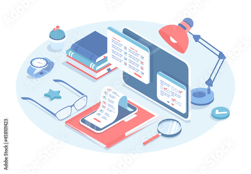 Questionnaire, checklist or poll for client feedback, vote and customer opinion research. Online survey and polling. Vector illustration in 3d design. Isometric web banner.