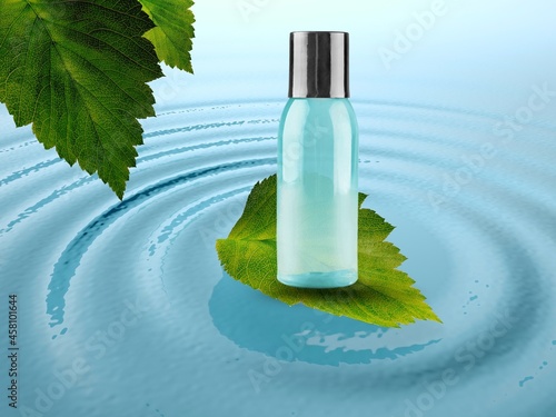 Cosmetic spa medical skincare, glass bottle on blue water background with waves. photo