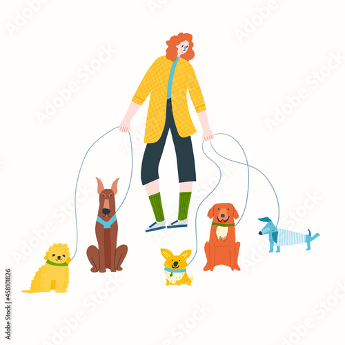 Dog walker volunteer services dog breeds vector illustration