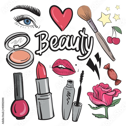 Set of makeup cosmetics handwritten stickers. Vector illustration.