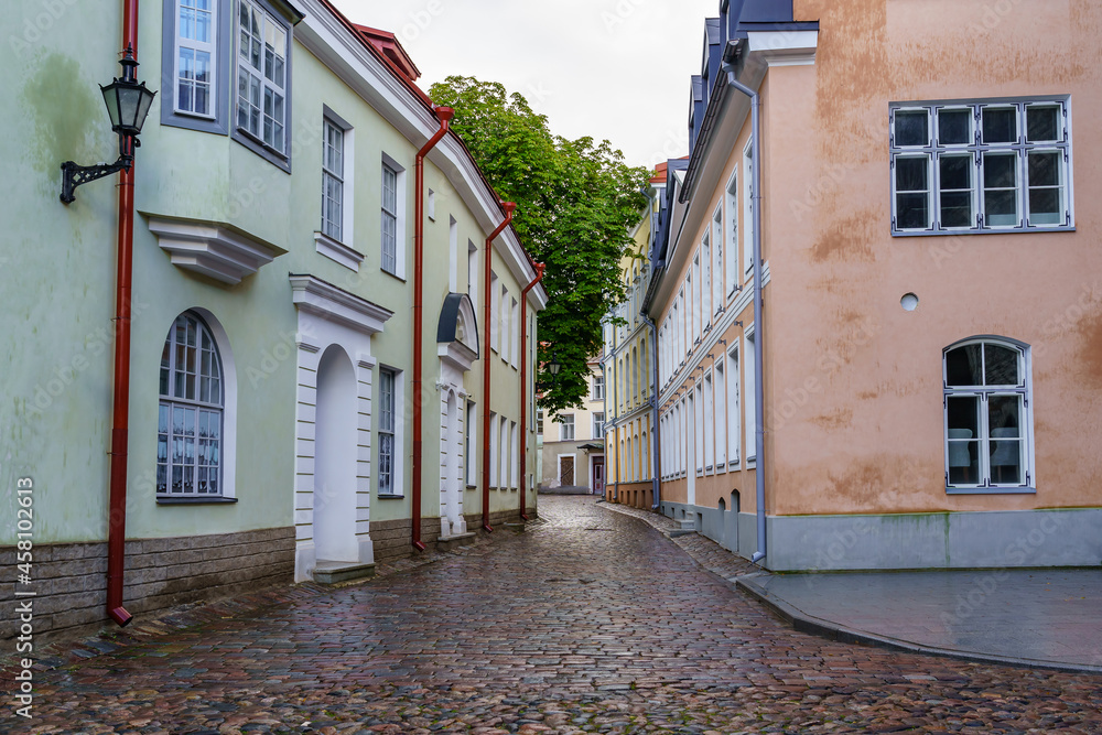 Cobbled alley with puddles after raining in Tallinn Estonia.