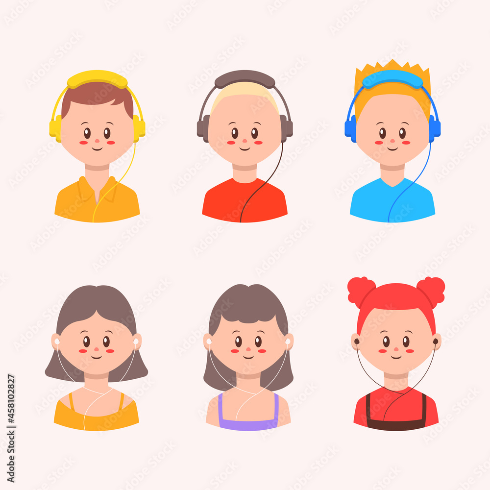 set of people avatar wearing headphone and earphone illustration set of people avatar wearing headphone and earphone illustration
