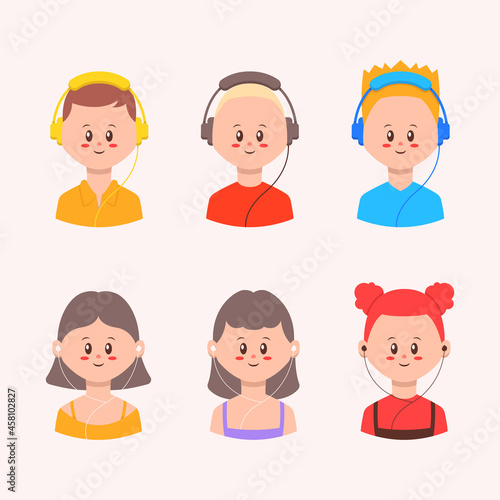 set of people avatar wearing headphone and earphone illustration