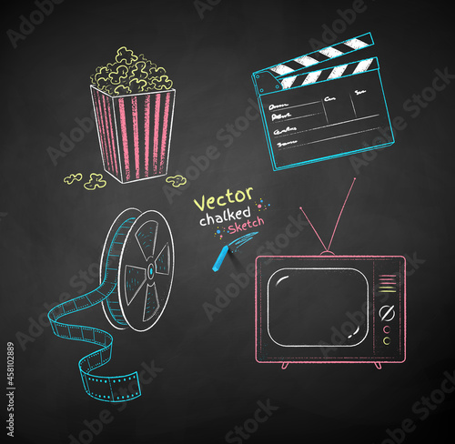 Chalk drawn illustration set of movie symbols