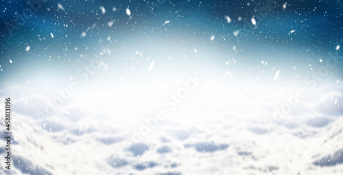 Winter abstract background, snowy landscape with blue night sky