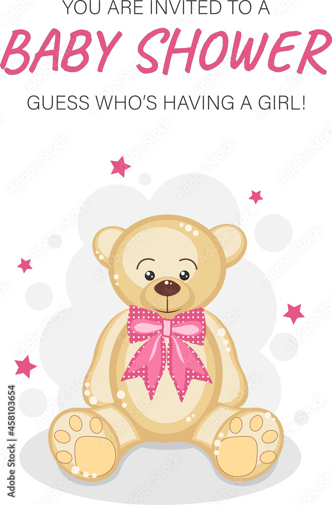 Baby shower invitation card with cute bear. For girls Baby shower invitation card with cute bear. For girls
