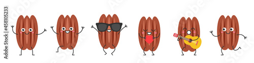 Set pecan character cartoon nut emotions joy happiness smiling face jumping running sings icon beautiful vector illustration.