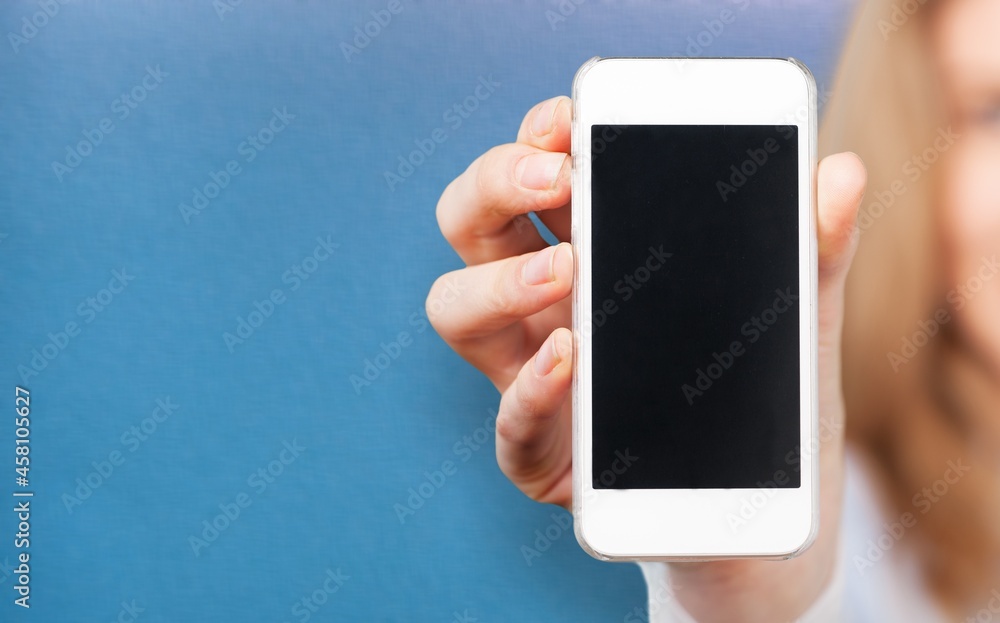 Young girl show empty smartphone with positive expression, Young girl show empty smartphone with positive expression,