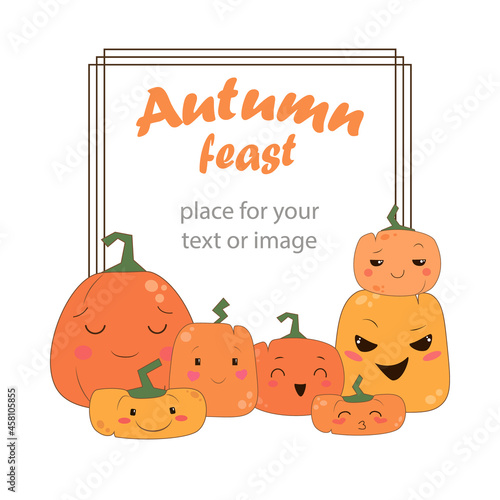 Vector square halloween frame with nice happy pumpkins holiday decoration element funny halloween poster and invitation