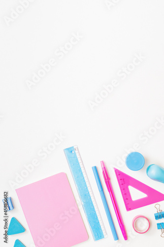 Flat lay school and office supplies on a white background