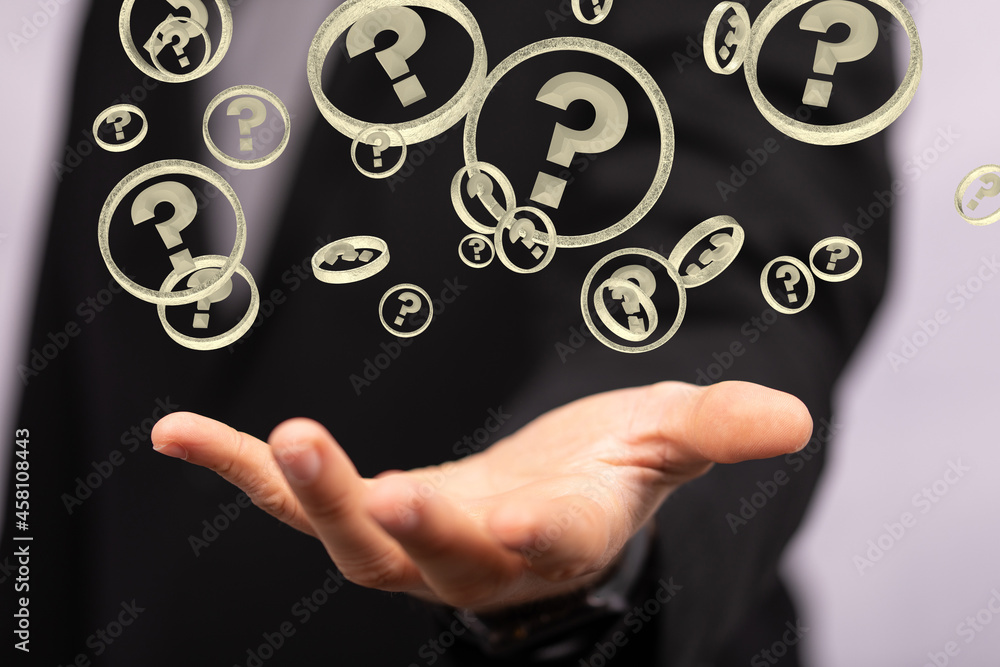 Businessman solving problem with digital question marks 3D rendering Businessman solving problem with digital question marks 3D rendering