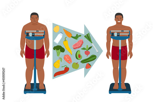 weight loss before and after. black man on the scales. fat patient with obesity. diet, healthy food. dietetics and balanced food. stock flat cartoon vector illustration isolated on white background.