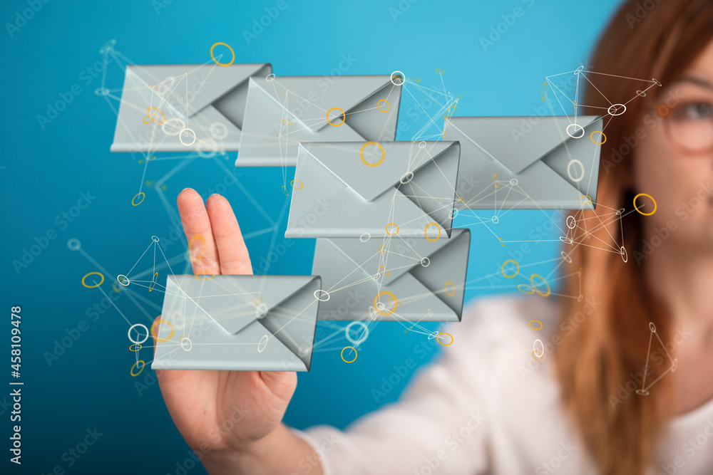 touching 3D rendering flying email icon with his fin touching 3D rendering flying email icon with his fin